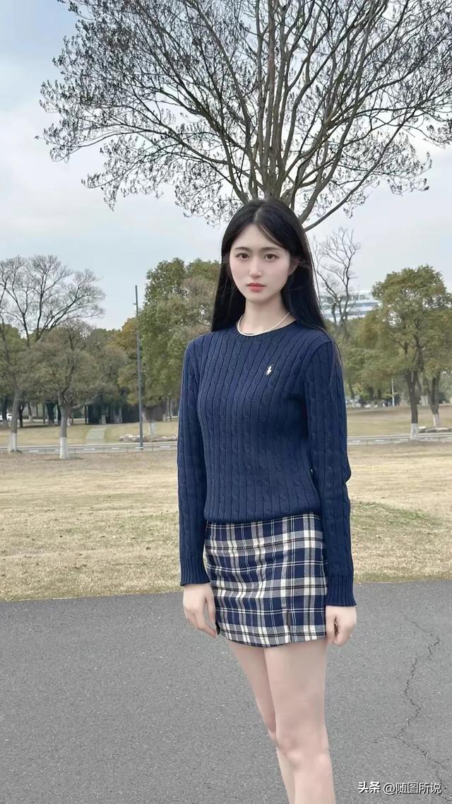 25岁蓝色针织上衣格子短裙美女江边公园拍摄写真