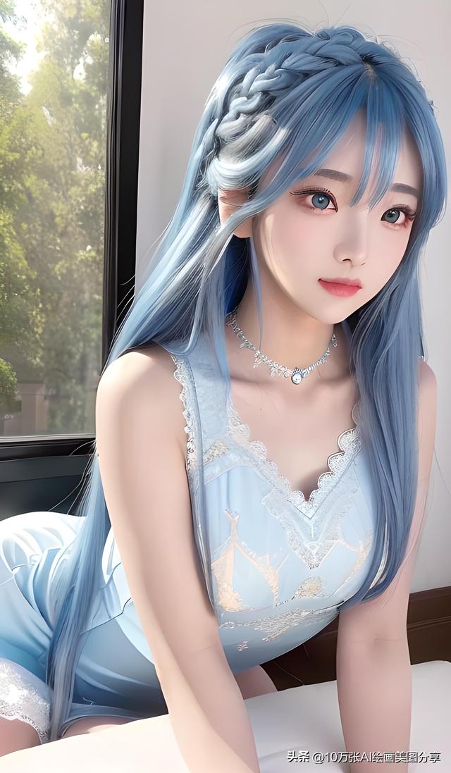 AI绘画美女：浅蓝色蕾丝无袖旗袍美女，可爱中带一点性感