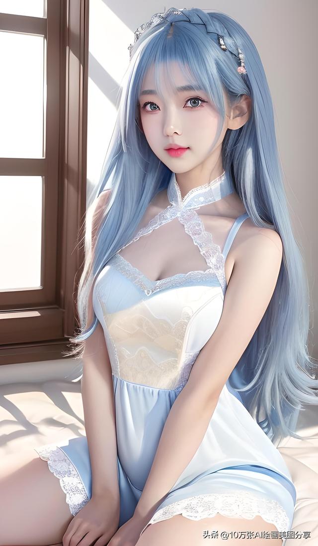 AI绘画美女：浅蓝色蕾丝无袖旗袍美女，可爱中带一点性感