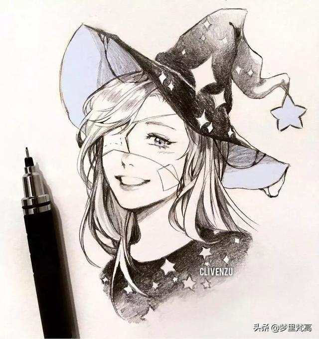 铅笔画的动漫素描少女，元气满满，每个人物都很有气质