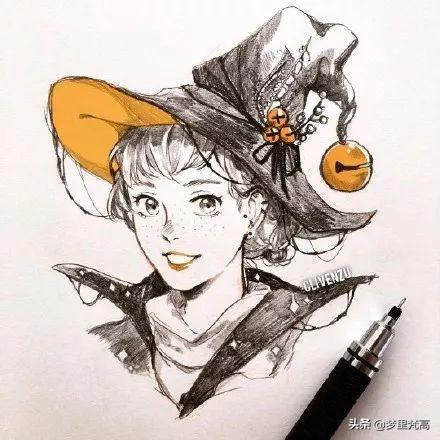 铅笔画的动漫素描少女，元气满满，每个人物都很有气质