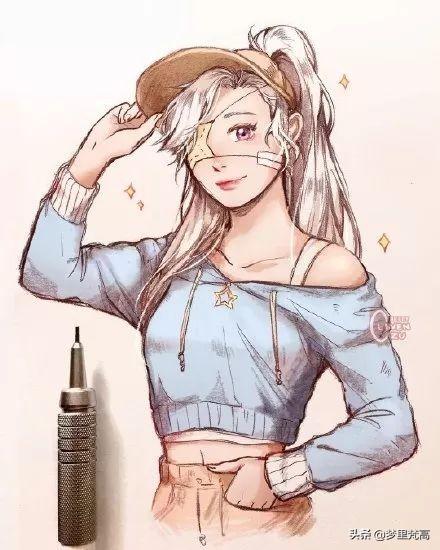 铅笔画的动漫素描少女，元气满满，每个人物都很有气质