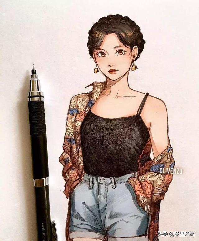 铅笔画的动漫素描少女，元气满满，每个人物都很有气质