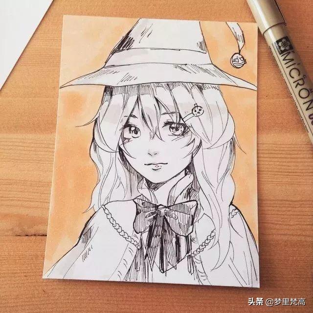 铅笔画的动漫素描少女，元气满满，每个人物都很有气质