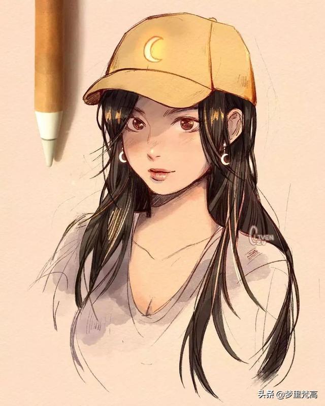 铅笔画的动漫素描少女，元气满满，每个人物都很有气质