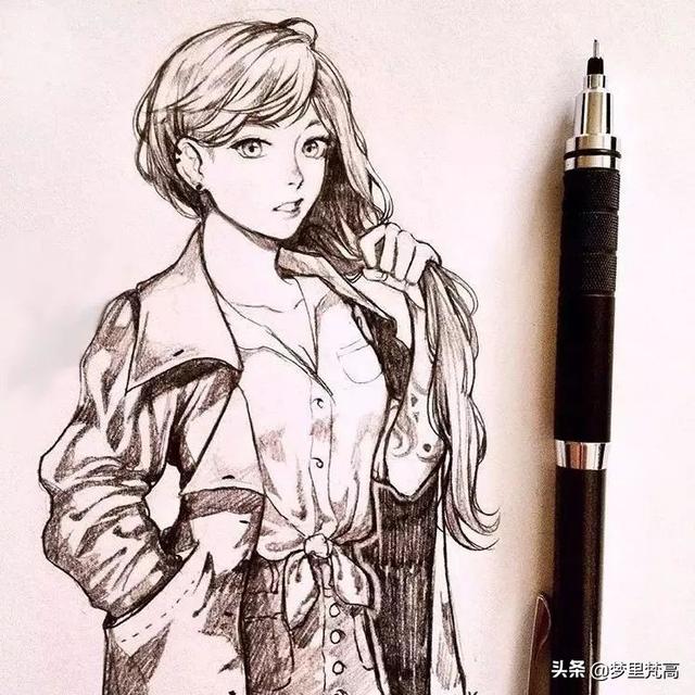 铅笔画的动漫素描少女，元气满满，每个人物都很有气质