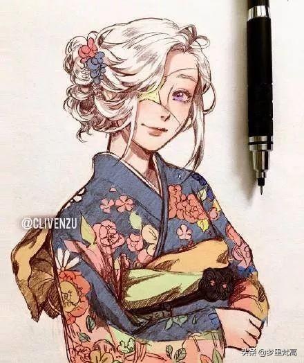 铅笔画的动漫素描少女，元气满满，每个人物都很有气质