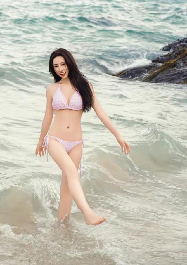 26岁粉色格子比基尼美女在海边拍的写真照