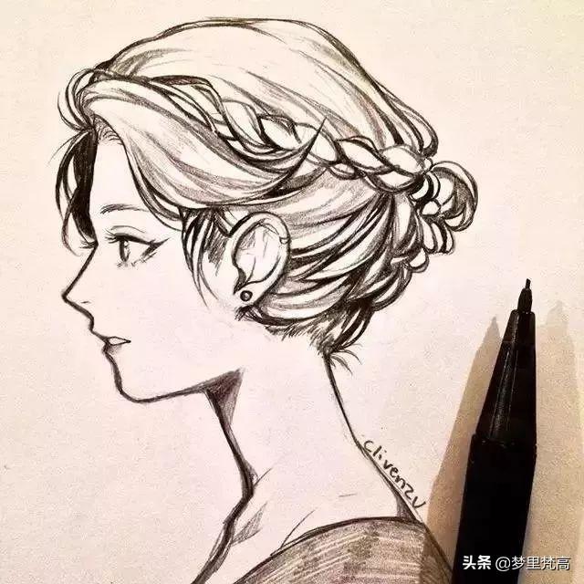 铅笔画的动漫素描少女，元气满满，每个人物都很有气质