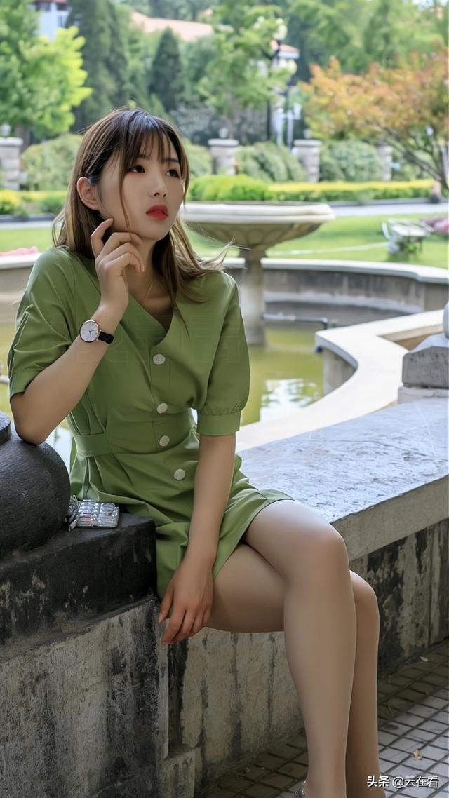 美女小姐姐穿绿色衣服拍摄春季唯美写真