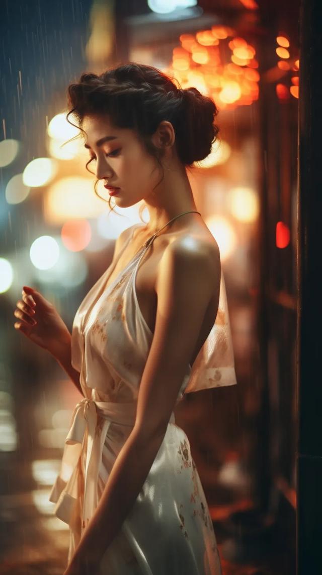 AI美女写真图，雨夜中的诱惑，那抹婉约动人的唯美风景线