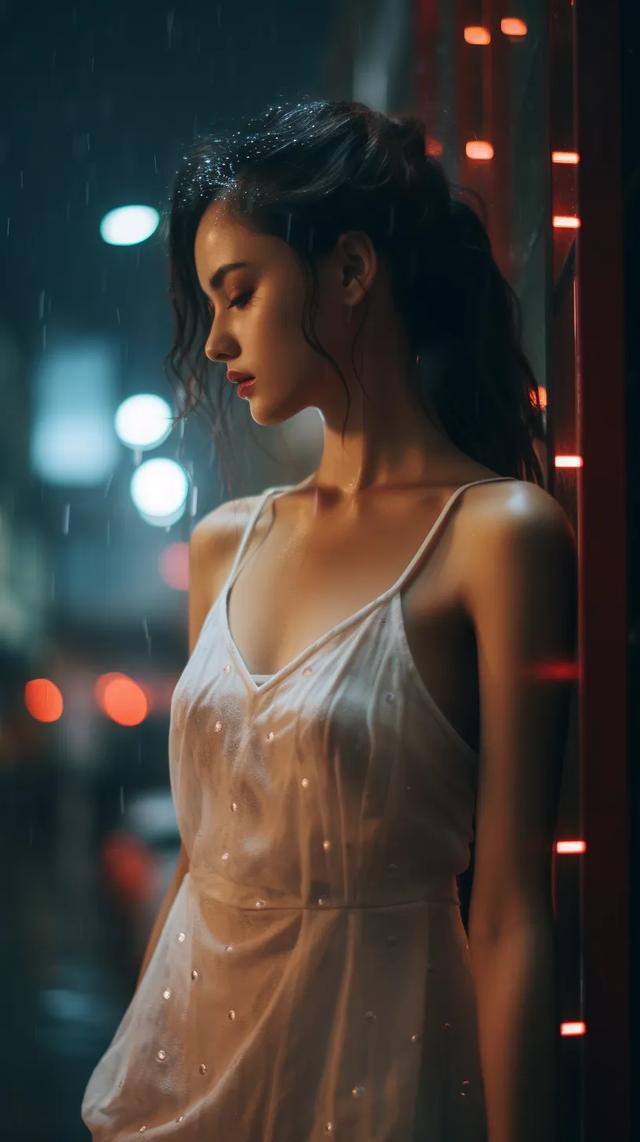 AI美女写真图，雨夜中的诱惑，那抹婉约动人的唯美风景线