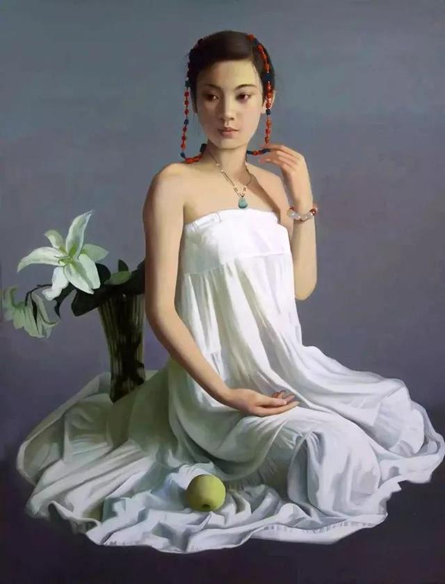 鲁美女教授画中的少女，青春靓丽，细腻逼真