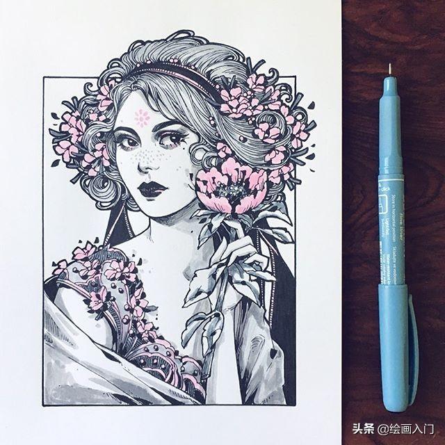 钢笔人像素描插画：复古华丽的画风，美丽优雅又带有魔力的女性