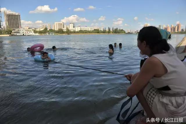 图说武汉｜女孩江边学游泳，身上绑了一条几十米长的布条